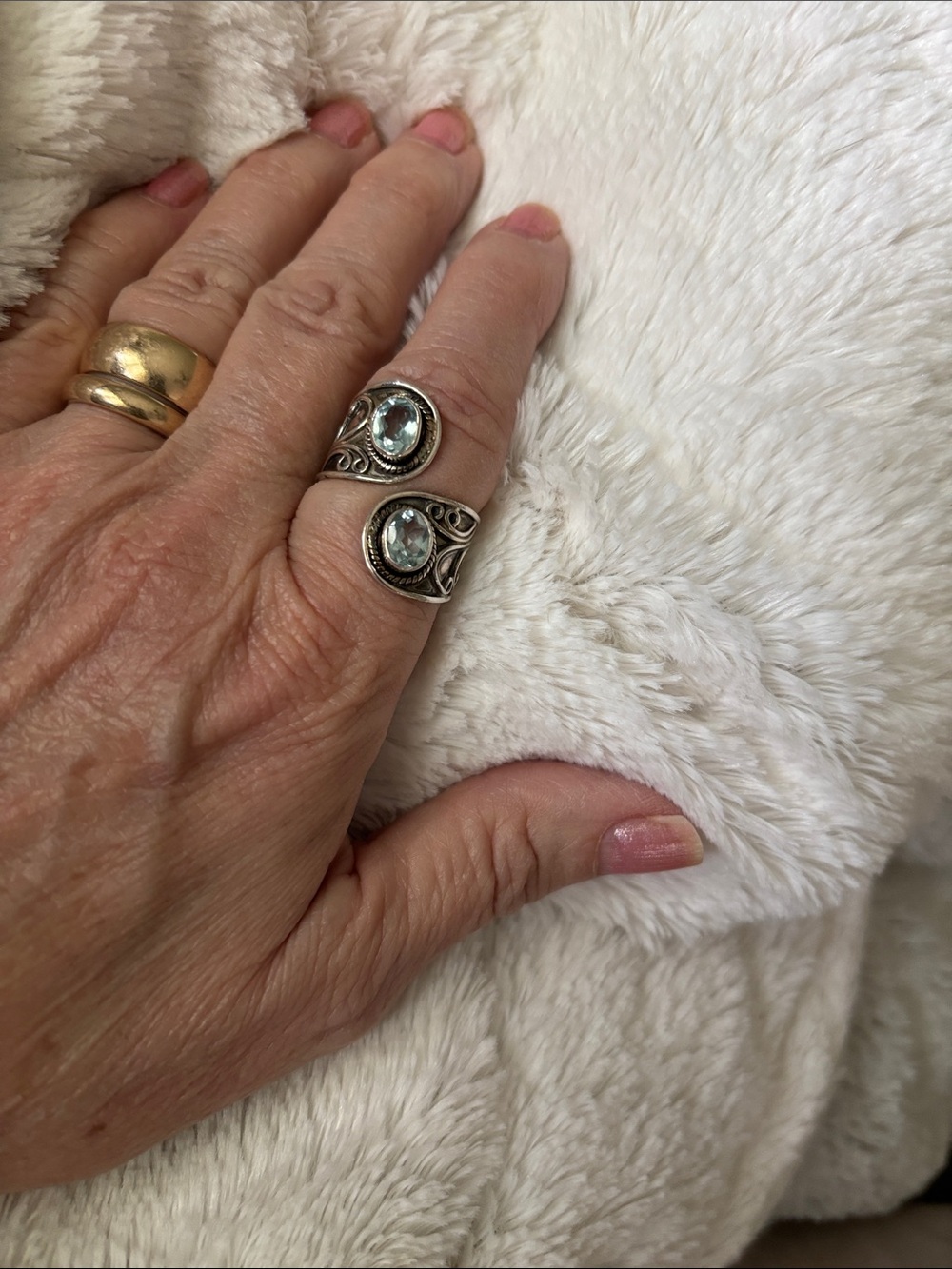 Vintage-Inspired 925 Sterling Silver Open Ring with Light Blue Stones